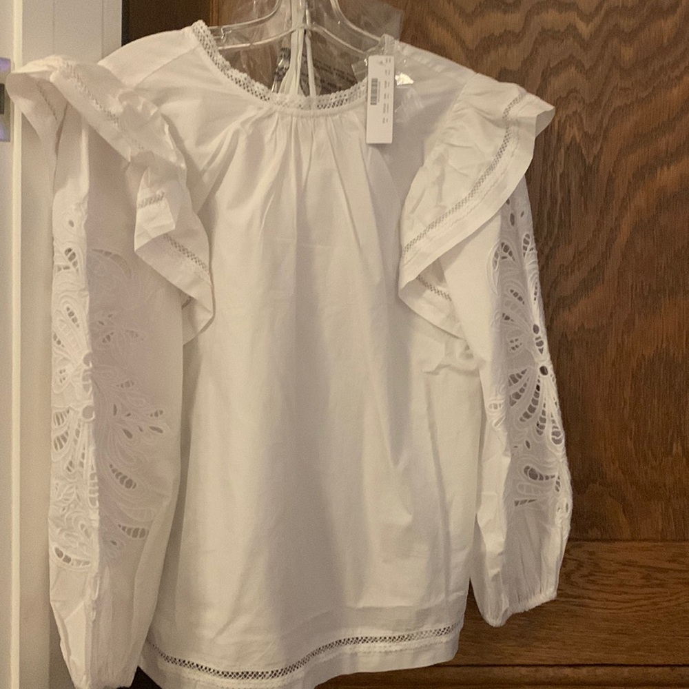 J. Crew White Eyelet Ruffle Long-Sleeve Blouse